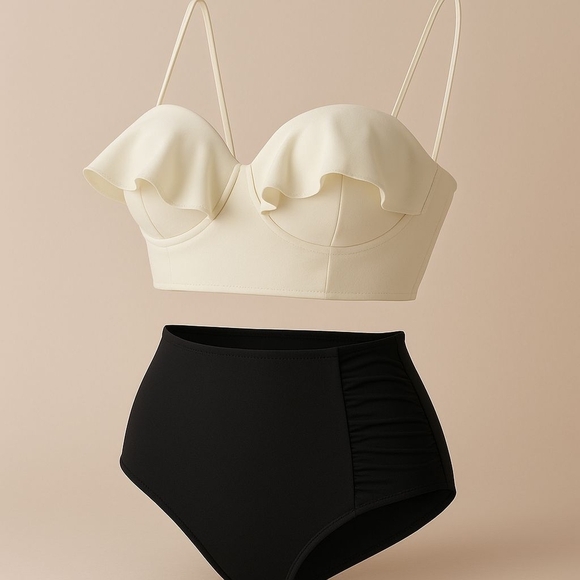 Retro ✦ Push-Up Ruffled Tankini Set ✦ Black & Ivory Sweetheart Top High-Waisted - Picture 4 of 17